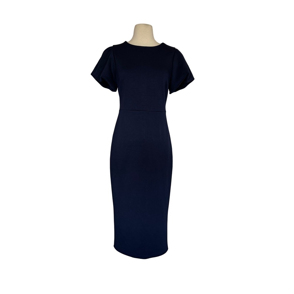 ZESICA Navy Blue Puff Tulip Sleeve Crew Neck Sheath Midi Dress Size M